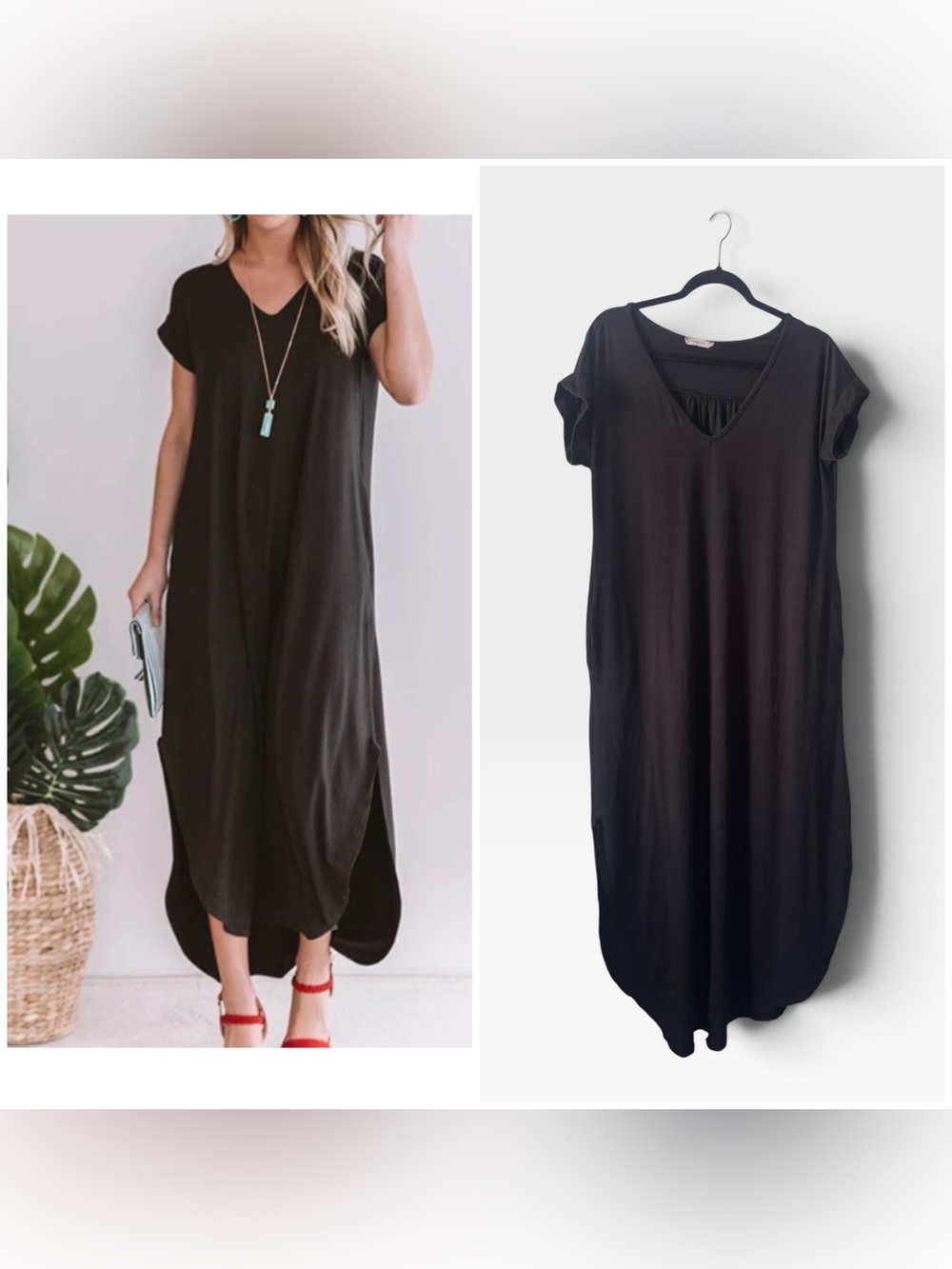 entro Black V-Neck Short Sleeve T-Shirt Maxi Dress, Large